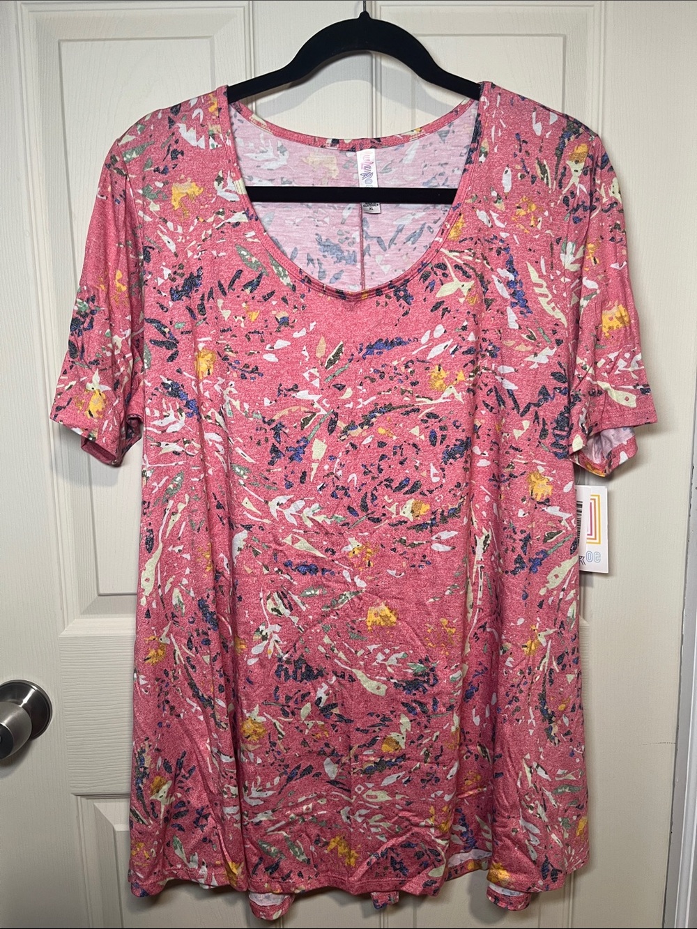 LuLaRoe Pink Floral Scoop Neck Short Sleeve Top with Yellow Accents
